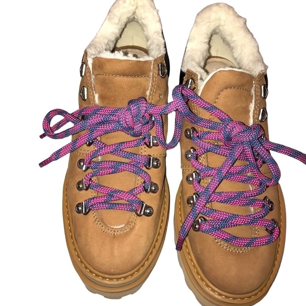 Schutz Faux Shearling-Lined Suede Hiking Boots Nubuck Block Heel Lug Sole Flaw